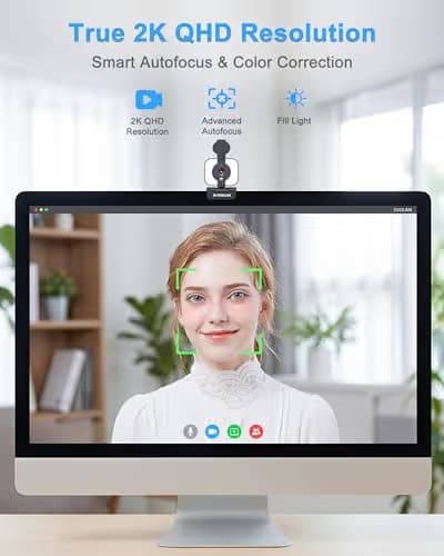 Atatat 2K Webcam for PC with Microphone & Light & Privacy Cover, Web Camera for Desktop/Laptop/Monitor/Mac, Autofocus USB Computer Camera for Zoom/Skype/Teams/Video Calling/Meeting/Streaming image