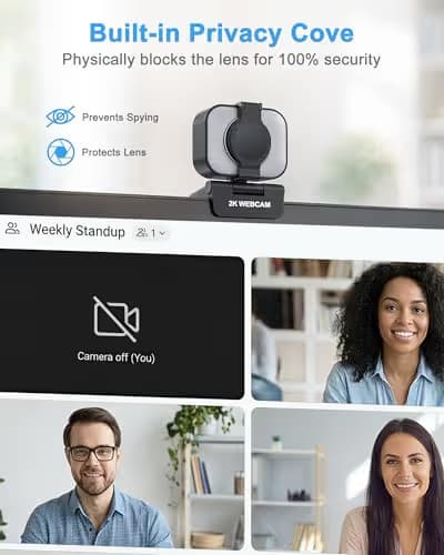 Atatat 2K Webcam for PC with Microphone & Light & Privacy Cover, Web Camera for Desktop/Laptop/Monitor/Mac, Autofocus USB Computer Camera for Zoom/Skype/Teams/Video Calling/Meeting/Streaming image