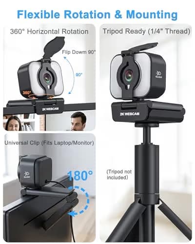 Atatat 2K Webcam for PC with Microphone & Light & Privacy Cover, Web Camera for Desktop/Laptop/Monitor/Mac, Autofocus USB Computer Camera for Zoom/Skype/Teams/Video Calling/Meeting/Streaming image