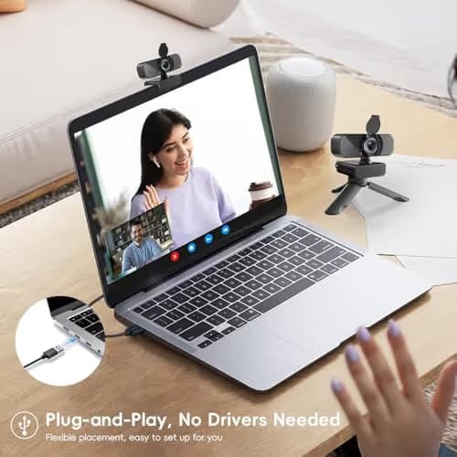 2K Webcam PC Webcam with Microphone and Physical Privacy Cover, Noise-Canceling Microphone, Auto Light Correction, Wide Angle, Plug and Play for Conferences/Online Classes/Live Streaming/Zoom/Teams image