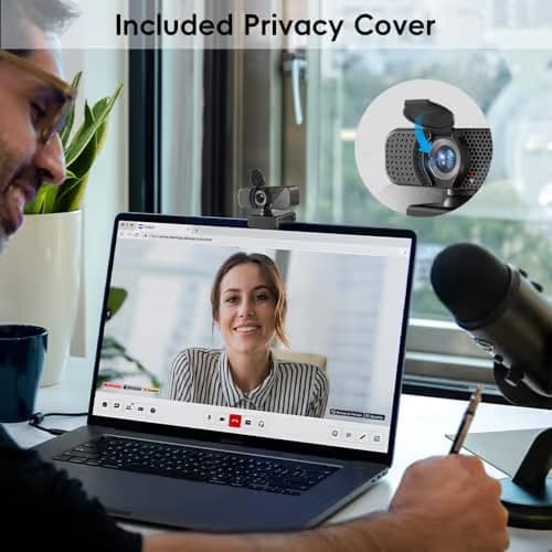 2K Webcam PC Webcam with Microphone and Physical Privacy Cover, Noise-Canceling Microphone, Auto Light Correction, Wide Angle, Plug and Play for Conferences/Online Classes/Live Streaming/Zoom/Teams image