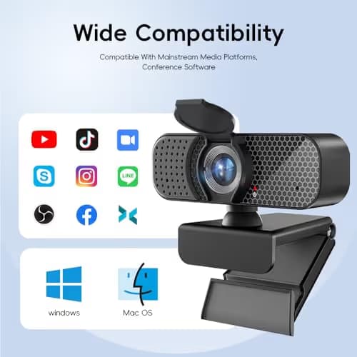 2K Webcam PC Webcam with Microphone and Physical Privacy Cover, Noise-Canceling Microphone, Auto Light Correction, Wide Angle, Plug and Play for Conferences/Online Classes/Live Streaming/Zoom/Teams image