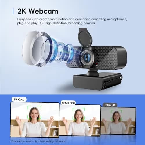 2K Webcam PC Webcam with Microphone and Physical Privacy Cover, Noise-Canceling Microphone, Auto Light Correction, Wide Angle, Plug and Play for Conferences/Online Classes/Live Streaming/Zoom/Teams image