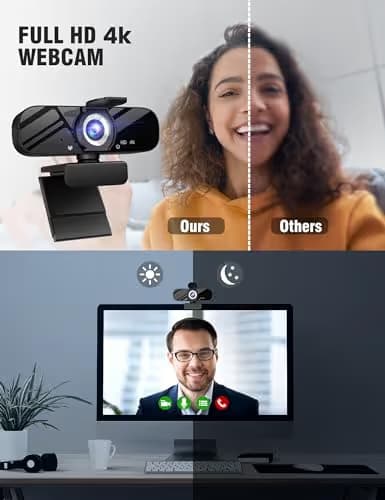 Tewiky Full HD Webcam with Built-in Microphone and Rotatable Tripod, 4K Video and Wide Angle Camera, Privacy Cover, for Desktop PC or Laptop Computer image