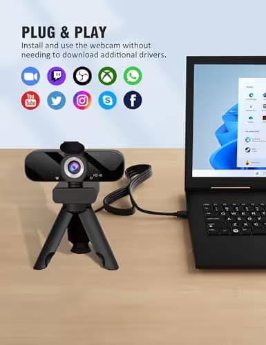 Tewiky Full HD Webcam with Built-in Microphone and Rotatable Tripod, 4K Video and Wide Angle Camera, Privacy Cover, for Desktop PC or Laptop Computer image