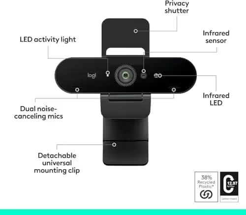 Logitech Brio 4K Webcam, Video Calling, Noise-Cancelling mic, HD Auto Light Correction, Wide Field of View, Windows Hello Works with Microsoft Teams, Zoom, Google Meet, PC/Mac/Laptop/MacBook/Tablet image