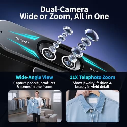 EMEET C60E Dual-Camera 4K Webcam for Streaming, Wide-Angle and Telephoto Cameras, Max 11X Hybrid Zoom & PDAF Autofocus, Remote Control, RGB Lighting, 2 Mics, Ideal for Livestreaming and Online Meeting image