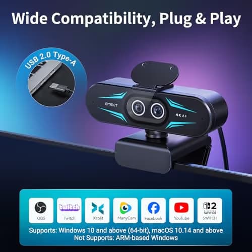 EMEET C60E Dual-Camera 4K Webcam for Streaming, Wide-Angle and Telephoto Cameras, Max 11X Hybrid Zoom & PDAF Autofocus, Remote Control, RGB Lighting, 2 Mics, Ideal for Livestreaming and Online Meeting image