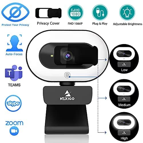 NexiGo StreamCam N930E with Software, 1080P Webcam with Ring Light and Privacy Cover, Auto-Focus, Plug and Play, Web Camera for Online Learning, Zoom Meeting Skype Teams, PC Mac Laptop Desktop image