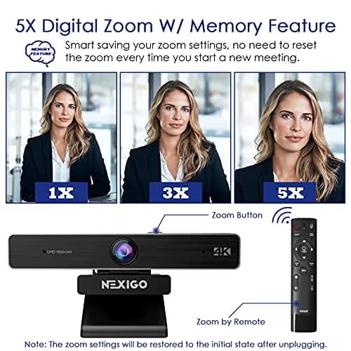 Zoom Certified, NexiGo N950P (Gen 2) 4K Zoomable Webcam, RF Remote, Sony_Starvis Sensor, 5X Digital Zoom, Pro Web Camera with Dual Stereo Mics image