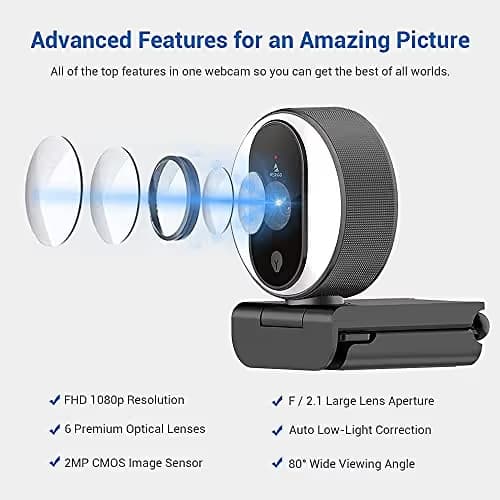NexiGo N680E 1080P Webcam with Ring Light, Privacy Cover and Dual Microphone, Advanced Auto-Focus, Adjustable Brightness, Streaming Web Camera for Zoom Skype Facetime, PC Mac Laptop Desktop image