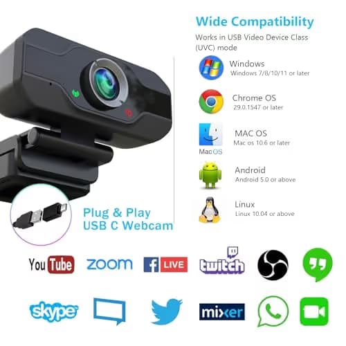 XPCAM USB C Camera 1080p Webcam with Microphone/Tripod/Cover,Auto Light Correction, Web Camera Desktop Computer, Plug & Play Pro Webcam for PC, Laptop,Computer,Mac,Zoom/Teams/Skype/Twitch Streaming image