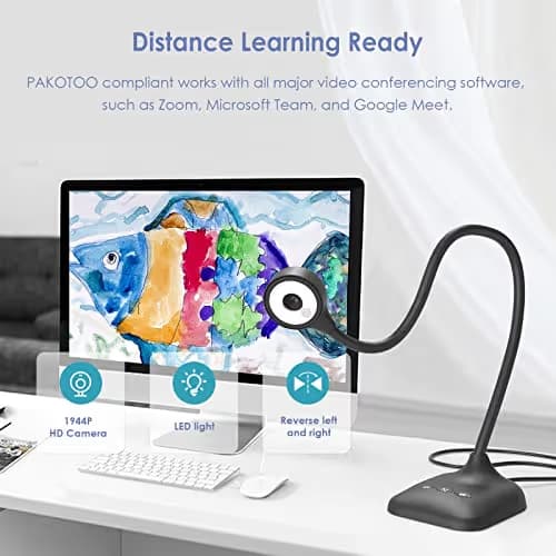PAKOTOO USB Document Camera for Teachers, Webcam/Doc Camera for Classroom with A3 Format, 3-Level LED Lights, Image Invert, Fold, Dual mic for Mac OS, Windows, Zoom, OBS Work with Distance Learning image