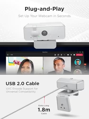 Lenovo 310 FHD Webcam, 1080p, FHD Resolution @30 FPS, Plug-and Play USB Connectivity, 1.8M Cable, 2 Integrated Microphones, External Privacy Shutter, White image