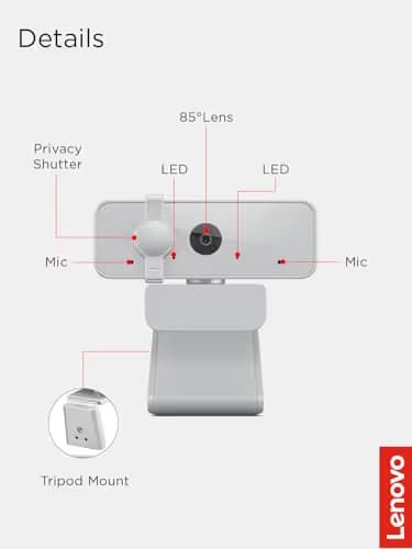 Lenovo 310 FHD Webcam, 1080p, FHD Resolution @30 FPS, Plug-and Play USB Connectivity, 1.8M Cable, 2 Integrated Microphones, External Privacy Shutter, White image