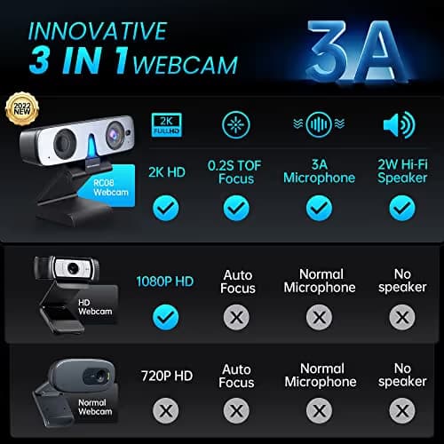ROCWARE RC08 2K Webcam with Speaker, Webcam for PC, HD Web Cam with Noise Reduction Mic/Harman Speaker/4X Eptz/Privacy Cover/0.2S Auto-Focus/Low Illumination, Computer Camera for Zoom/Teams/Meeting image
