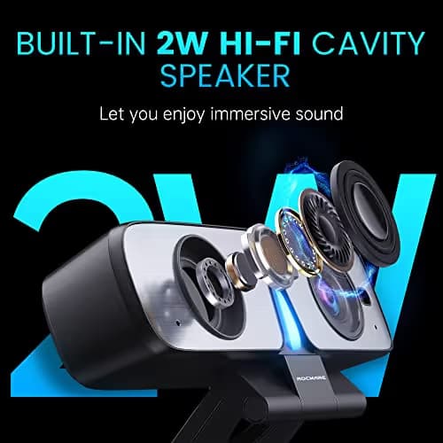 ROCWARE RC08 2K Webcam with Speaker, Webcam for PC, HD Web Cam with Noise Reduction Mic/Harman Speaker/4X Eptz/Privacy Cover/0.2S Auto-Focus/Low Illumination, Computer Camera for Zoom/Teams/Meeting image
