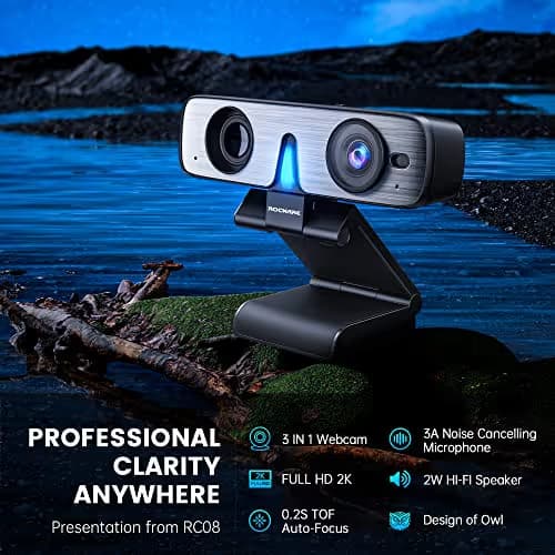 ROCWARE RC08 2K Webcam with Speaker, Webcam for PC, HD Web Cam with Noise Reduction Mic/Harman Speaker/4X Eptz/Privacy Cover/0.2S Auto-Focus/Low Illumination, Computer Camera for Zoom/Teams/Meeting image