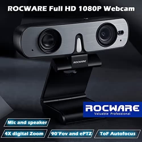 ROCWARE RC08 2K Webcam with Speaker, Webcam for PC, HD Web Cam with Noise Reduction Mic/Harman Speaker/4X Eptz/Privacy Cover/0.2S Auto-Focus/Low Illumination, Computer Camera for Zoom/Teams/Meeting image
