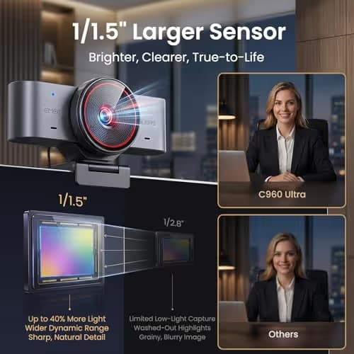EMEET C960 Ultra 4K Webcam for Mac & PC, 1.5" Larger Sensor, Metal Body, 0.2s Autofocus, DRC, Whiteboard Mode, Built-in Privacy Cover, 2 Mics, USB Webcam 4K for Meetings, Streaming & Content Creation image
