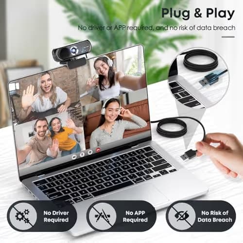 Shcngqio 1080P HD Webcam with Microphone, Noise Cancellation, Privacy Cover, Wide-Angle Lens, Auto Light Correction, Plug & Play USB Webcam for Laptop, Desktop, PC, Mac, Zoom, Skype, Streaming (Black) image