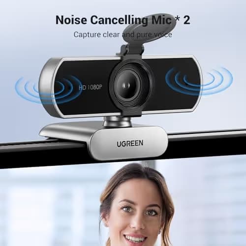 UGREEN Full HD 1080P Webcam with Microphone, 2 Noise-Canceling Mics, 85° Fov & Fixed Focus, Plug and Play, Auto Light Correction, Privacy Cover PC Camera for Zoom/Skype/Teams, Switch 2, Silver Grey image