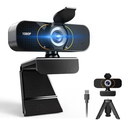 1080P HD Webcam with Microphone, Wide-Angle Lens, Auto Light Correction, Plug Play USB Web Cam with Tripod, Stand, External Camera for Laptop, Desktop Computer, PC, Mac, Zoom, Skype, Streaming, Gaming main image