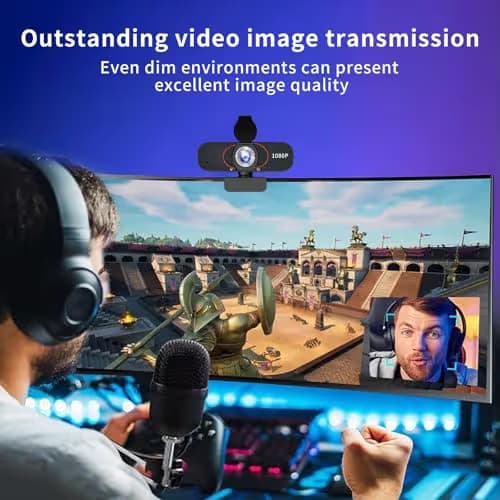 1080P HD Webcam with Microphone, Wide-Angle Lens, Auto Light Correction, Plug Play USB Web Cam with Tripod, Stand, External Camera for Laptop, Desktop Computer, PC, Mac, Zoom, Skype, Streaming, Gaming image