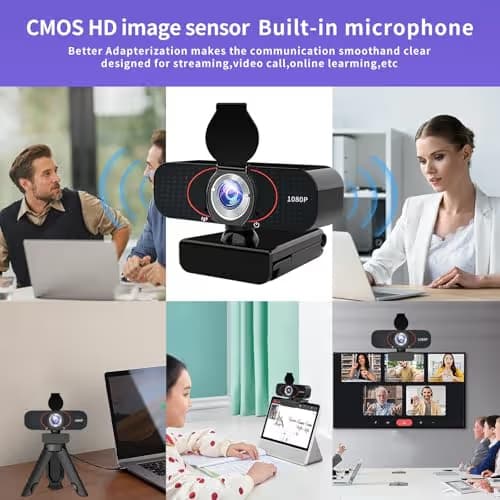 1080P HD Webcam with Microphone, Wide-Angle Lens, Auto Light Correction, Plug Play USB Web Cam with Tripod, Stand, External Camera for Laptop, Desktop Computer, PC, Mac, Zoom, Skype, Streaming, Gaming image