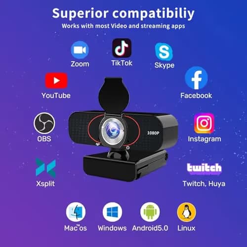 1080P HD Webcam with Microphone, Wide-Angle Lens, Auto Light Correction, Plug Play USB Web Cam with Tripod, Stand, External Camera for Laptop, Desktop Computer, PC, Mac, Zoom, Skype, Streaming, Gaming image
