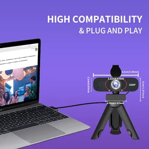 1080P HD Webcam with Microphone, Wide-Angle Lens, Auto Light Correction, Plug Play USB Web Cam with Tripod, Stand, External Camera for Laptop, Desktop Computer, PC, Mac, Zoom, Skype, Streaming, Gaming image
