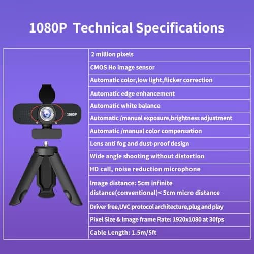 1080P HD Webcam with Microphone, Wide-Angle Lens, Auto Light Correction, Plug Play USB Web Cam with Tripod, Stand, External Camera for Laptop, Desktop Computer, PC, Mac, Zoom, Skype, Streaming, Gaming image