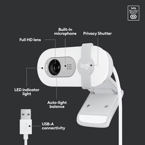 Logitech Brio 100 Full HD 1080p Webcam for Meetings, Streaming, Desktop, Laptop, PC - Built-in Mic, Shutter, Works with Zoom, Microsoft Teams, Nintendo Switch 2’s new GameChat Mode-Off -White image