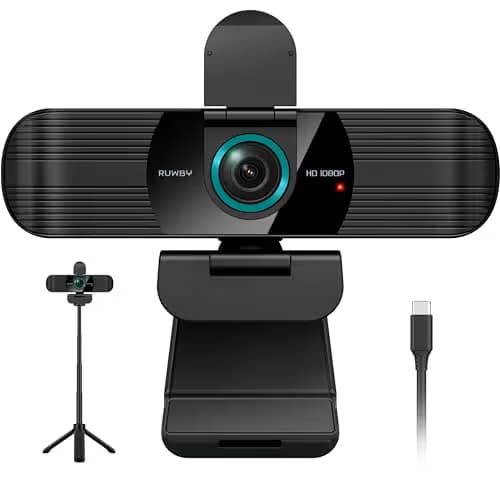 RUWBY Full HD 1080P Webcam with Built-in Dual Mics, Wide-Angle Lens, Privacy Cover, Tripod Stand, Autofocus PC Camera, Plug and Play for Desktop Computer or Laptop image