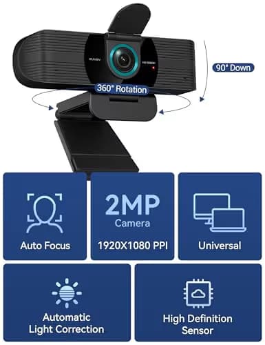 RUWBY Full HD 1080P Webcam with Built-in Dual Mics, Wide-Angle Lens, Privacy Cover, Tripod Stand, Autofocus PC Camera, Plug and Play for Desktop Computer or Laptop image
