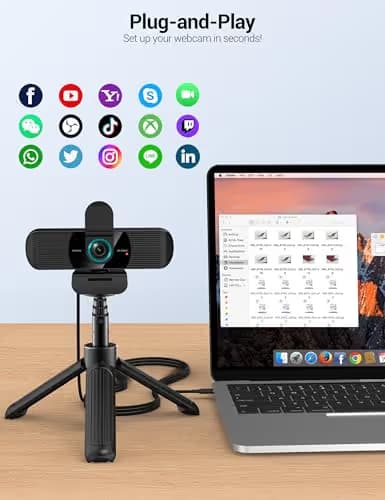 RUWBY Full HD 1080P Webcam with Built-in Dual Mics, Wide-Angle Lens, Privacy Cover, Tripod Stand, Autofocus PC Camera, Plug and Play for Desktop Computer or Laptop image