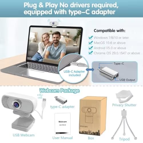 usb c webcam 1080P Webcam,Live Streaming Web Camera with Stereo Microphone, Desktop or Laptop USB Webcam 110 Degree View Angle, HD Web cam for Switch 2,Video Calling, Recording, Conferencing, Gaming image