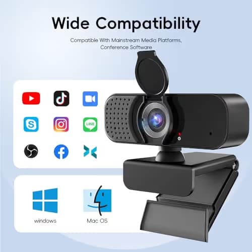 Kemeiv 1080P Webcam with Microphone and Physical Privacy Cover, Noise Cancelling USB Web Camera, Auto Light Correction, Plug and Play, Wide Angle PC Camera for Zoom, Online Class, Laptop/Desktop image