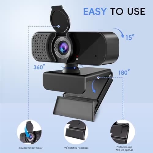 Kemeiv 1080P Webcam with Microphone and Physical Privacy Cover, Noise Cancelling USB Web Camera, Auto Light Correction, Plug and Play, Wide Angle PC Camera for Zoom, Online Class, Laptop/Desktop image