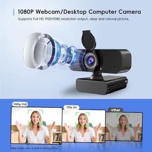 Kemeiv 1080P Webcam with Microphone and Physical Privacy Cover, Noise Cancelling USB Web Camera, Auto Light Correction, Plug and Play, Wide Angle PC Camera for Zoom, Online Class, Laptop/Desktop image