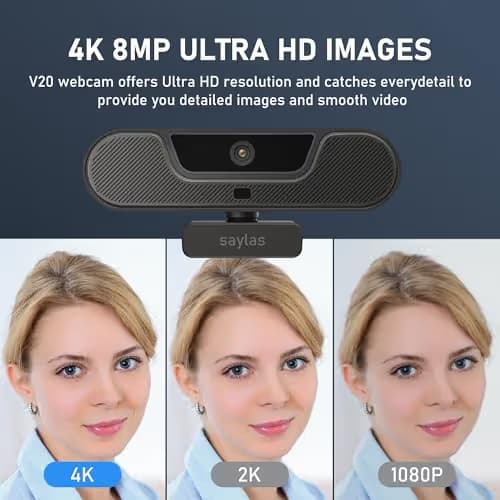 saylas 4K Webcam with Microphone and Speaker, Wide Angle 112°, Remote Control, Autofocus, Digital Zoom, Privacy Cover, Plug & Play Web Streaming Camera for Computer, USB Webcam for Pc image
