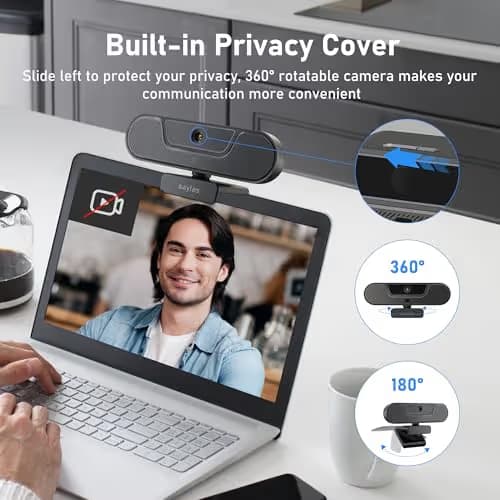 saylas 4K Webcam with Microphone and Speaker, Wide Angle 112°, Remote Control, Autofocus, Digital Zoom, Privacy Cover, Plug & Play Web Streaming Camera for Computer, USB Webcam for Pc image