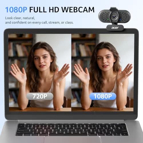 acer 1080p Webcam USB Plug and Play Webcam for PC with Noise Cancellation Microphones Computer Camera for Desktop Streaming Gaming Online Meeting Wide Angle Privacy Cover A-to-C Adapter Easy Setup image