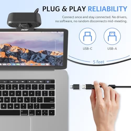 acer 1080p Webcam USB Plug and Play Webcam for PC with Noise Cancellation Microphones Computer Camera for Desktop Streaming Gaming Online Meeting Wide Angle Privacy Cover A-to-C Adapter Easy Setup image