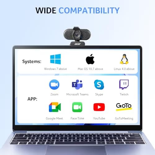 acer 1080p Webcam USB Plug and Play Webcam for PC with Noise Cancellation Microphones Computer Camera for Desktop Streaming Gaming Online Meeting Wide Angle Privacy Cover A-to-C Adapter Easy Setup image