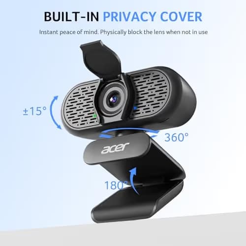 acer 1080p Webcam USB Plug and Play Webcam for PC with Noise Cancellation Microphones Computer Camera for Desktop Streaming Gaming Online Meeting Wide Angle Privacy Cover A-to-C Adapter Easy Setup image