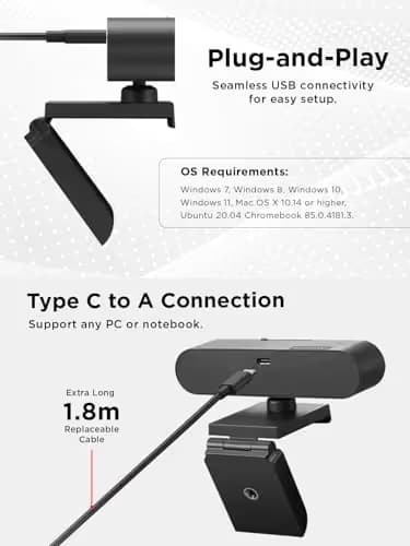 Lenovo Performance FHD 1080p Webcam USB-C,Log-on with Windows Hello, Dual Microphones, 95 Degree Lens and 4X Digital Zoom, Sliding Privacy Shutter, Black image