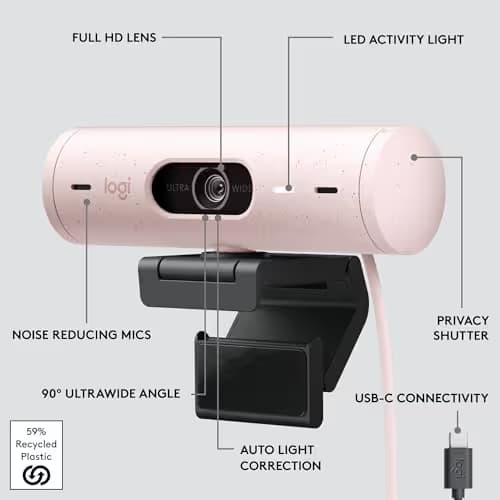 Logitech Brio 500 Full HD 1080p Webcam with Auto Light Correction, Dual Noise Reduction Mics, Privacy Cover, Works with Teams, Meet, Zoom - Rose image