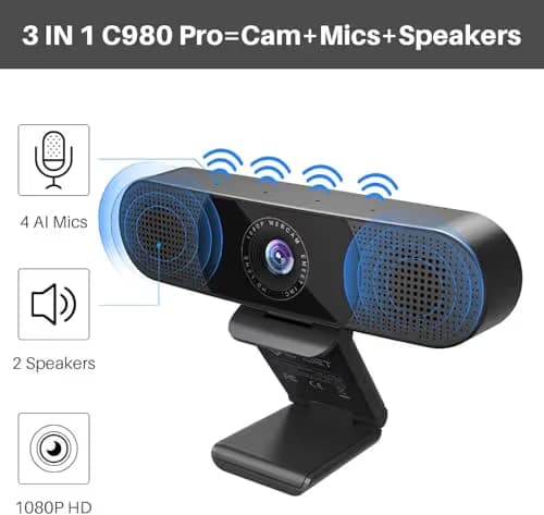 EMEET C980 PRO 3-in-1 1080P Webcam with Microphone and Speaker, 60°-98° Wide Angle Webcam w/ 4 Noise Cancel Mics, 2 Speakers, Auto Low Light Correction W/Cover, USB Camera for Online Conference/Class image
