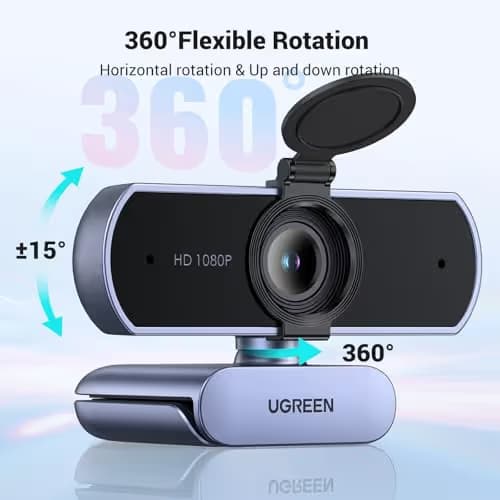 UGREEN Full HD 1080P Webcam with Microphone, 2 Noise-Canceling Mics, 85° Fov & Fixed Focus, Plug and Play, Auto Light Correction, Privacy Cover PC Camera for Zoom/Skype/Teams, Switch 2, Grey image
